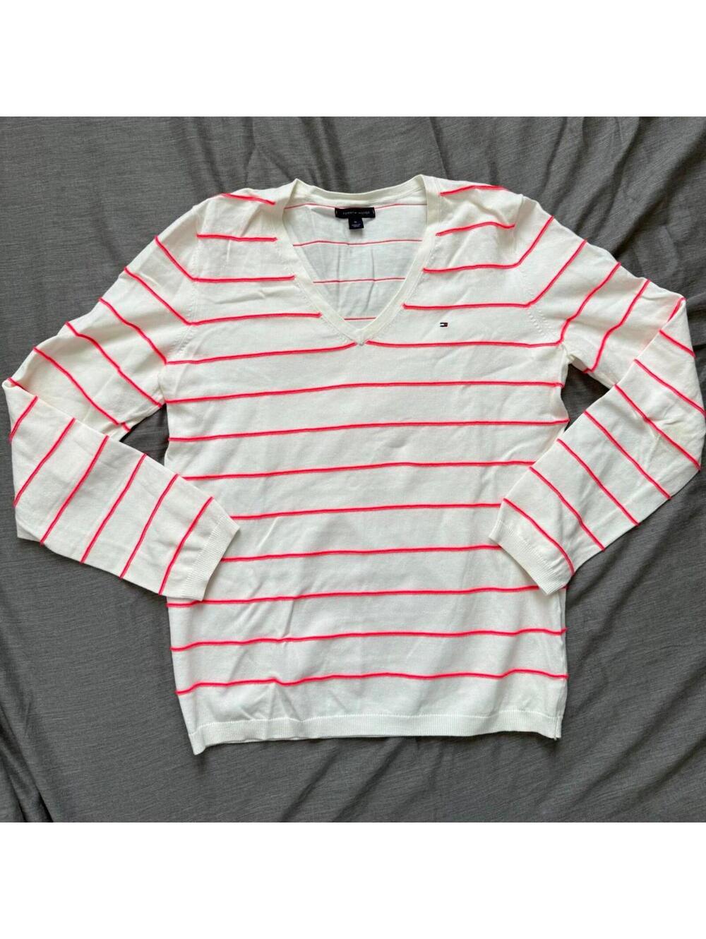 Tommy Hilfiger Womens Neon Pink Orange V Neck Pullover Sweater Cotton Size M